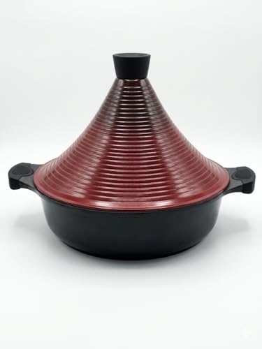 Tajín con Revestimiento de Piedra, Color Negro y Rojo, con Tapa Cónica y Asas de Silicona