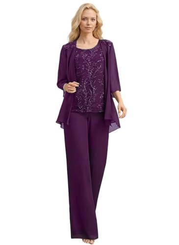 3 Pieces Mother of The Bride Pant Suits for Women Dressy Lace Appliques Formal Wedding Dress with Jacket