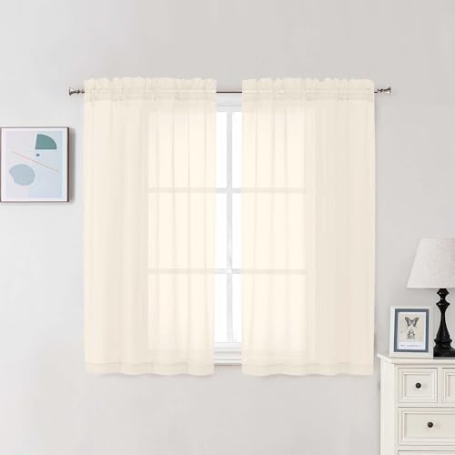 Image of Chyhomenyc Cream Sheer Curtains 48 Inch Long, Light Filtering Solid Color Bedroom Window Sheer Curtain Panels, Elegant Short Curtains & Drapes for Living Room, 42Wx48L, 2 Panels