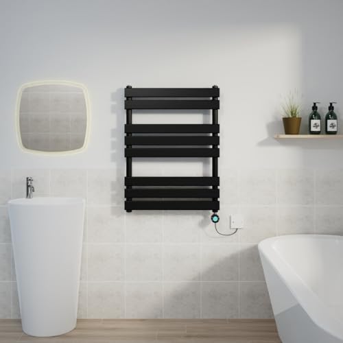 Warmehaus 800x600mm Black Designer Flat Panel Electric Heated Towel Rail Thermostatic Timer Bathroom Towel Radiator 400W