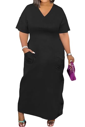 Image of Runwind Plus Size T Shirt Maxi Dress for Women Short Sleeve V Neck Casual Long Dresses with Pockets