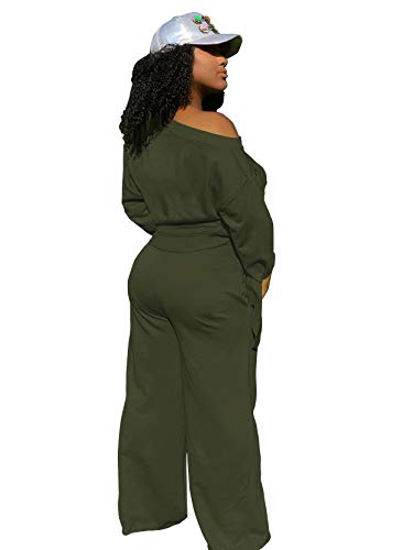 Topsrani Women's 2 Piece Outfits Casual Solid Sweatsuits Baggy Long Sleeve Loose Matching Wide Leg Tracksuit Pants Set Olive Green Xl #TOP2