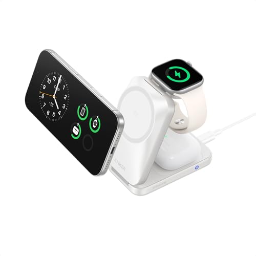 Anker Prime 3-in-1 Charging Station, AirCool Wireless Charger, Qi2 25W Certified Palm-Sized Foldable MagSafe Charger Compatible with iPhone 17, Apple Watch, AirPods (Non-Battery, with Adapter)