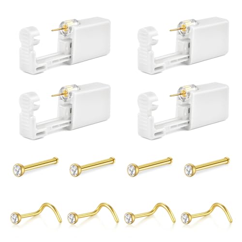 AceFun Kit pistolet à piercing nez,4 Pack pistolet à piercing nez jetable Kit piercing nez de sécurité avec anneaux nasaux Stud piercing nez Kit pistolet outil(Or)