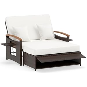 LIFEZEAL Lounge Outdoor, Doppelliege mit Liegefunktion, Rattan Tagesbett Sonnenliege mit Verstellbarer Rückenlehne, 2-Sitzer Gartensofa mit Seitentisch & Ottomane, bis zu 360kg (Mix Braun+Beige)