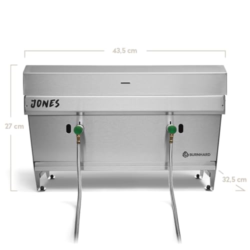 Jones Folding Stainless Steel Gas Barbecue Portable Barbecue with Lid, Multi-Tool and Bag, 2 Burners with a Total Power of 6.4 kW for up to 500 °C, Camping Grill