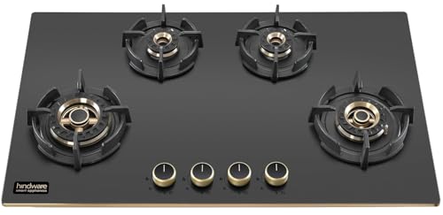 Image of Hindware IVANA 4B 86 CM | Built in Hob With Flame Failure Device | Frost Glass with Golden Coated SS Strips | Gold Metallic Finish & Jet Black Knobs