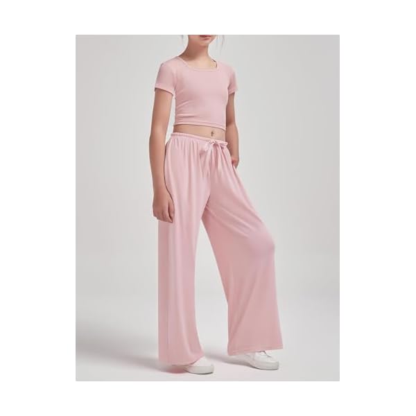 EXARUS Girls 3 Pack Lounge Sets Outfits 2 Piece Ruched Cropped Short Sleeve Drawstring Wide Leg Pants With Pockets - Image 4