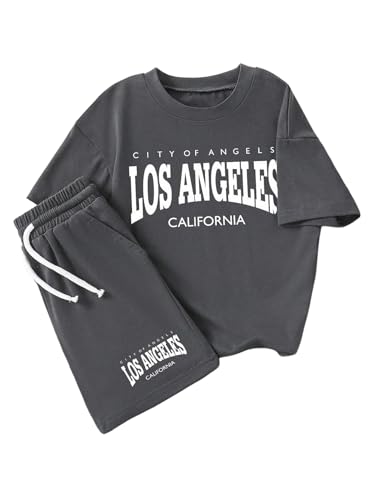 VIPWOLF Boy's Two Piece Short Set Crew Neck Letter Graphic Tee Shirts and Shorts Casual Outfits Dark Grey Letter 11Y