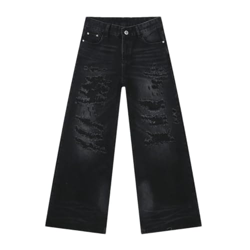 Men's High Street Denim Pants Hole Worn-Out Streetwear Trousers Straight Wide Leg Jeans