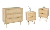 HOPUBUY 3 Drawer Dresser with 2 Nightstand for Bedroom, Oak Rattan Dresser Closet Dressers Chest of Drawers, Light Wood 3 Drawer Storage Chest for Bedroom, Hallway, Living Room