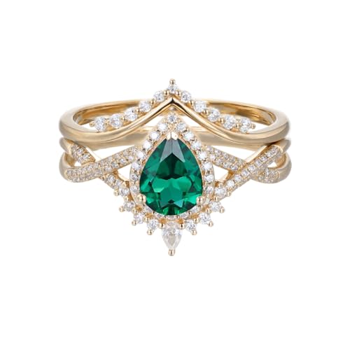 1-5ct Gemstone Wedding Ring Sets 10K 14K 18K Real Gold Pear Cut Infinity Gemstone Birthstone and Moissanite Bridal Ring Set Engagement Ring Sets 2pcs Free Engraved for Women