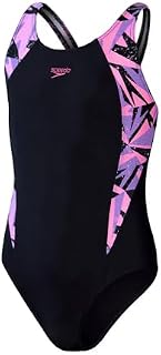 Speedo Girl's Hyperboom Splice Muscleback Swimsuit, True Navy/Miami Lilac/ Taffy Pink, 5-6 Years