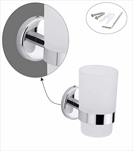 Image of Premium Wall Mounted Toothbrush Holder with Frosted Glass Tumbler | SUS 304 Stainless Steel Rustproof Toothpaste & Brush Stand for Bathroom | Chrome Finish