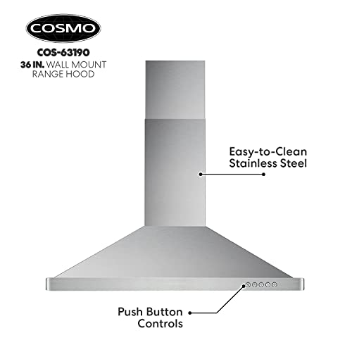 Cosmo 63190 36 In. Wall Mount Range Hood With Ducted Convertible Ductless (Additional Filters Needed, Not Included), 3 Speed Exhaust Fan, Permanent Filters, Led Lights In Stainless Steel #TOP7