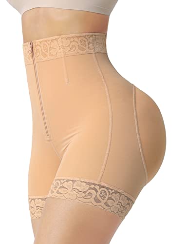 FeelinGirl Women's Butt Lifter Shapewear Panties Hi-Waist Hip Enhancer Body Shaper Lace Seamless Tummy Control with Zipper Beige M
