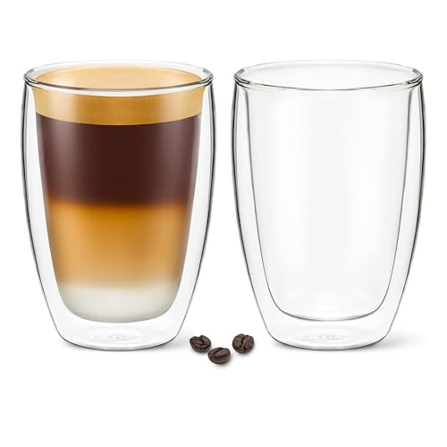 DLux Coffee Mugs, 12oz Latte Clear Glass set of 2 cups, Double Wall Insulated Borosilicate Glassware Cup - Wine, Tea Glasses