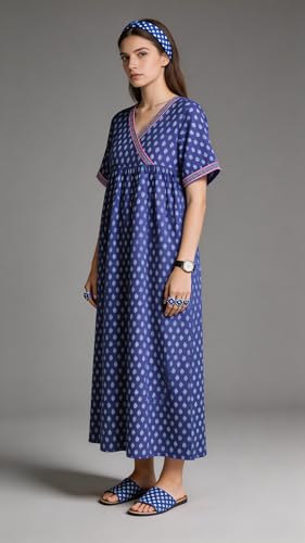 Image of Evolove Cotton Nighty Maxi for Women with Side Pocket | Floral Print Round Neck Short Sleeves Full Length Night Wear Gown