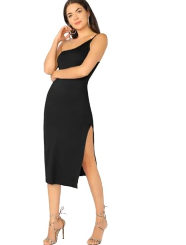 Image of TIVANTE Solid One Shoulder Midi Cami Bodycon Dress with Slit for Women