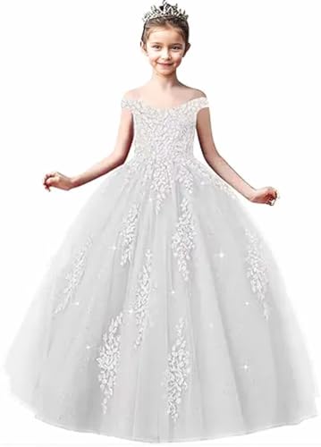 Off Shoulder Tulle Pageant Dress for Girls Lace Appliques Flower Girl Dress Birthday Party Ball Gown