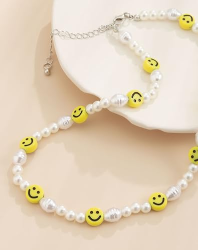 Pearl Necklace Smile Face Necklace for Women Men,Soft Ceramic Cute Smile Necklace Chain Choker for Jewelry Gifts2