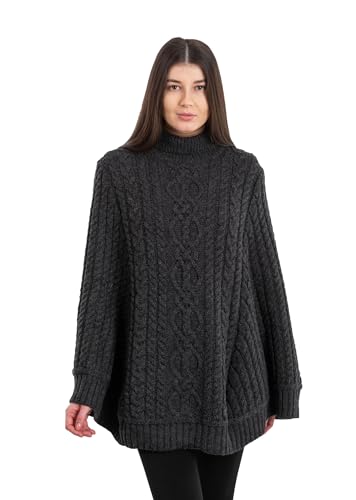 SAOL Poncho irlandés Aran de punto trenzado 100 % lana merina para mujer, Carbón, L-XL