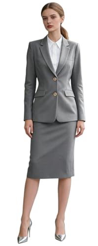 JUDHGGX Womens 2 Piece Skirt Set Suit Two Buttons Business Blazer and Pencil Skirt Interview Outfits Grey 14
