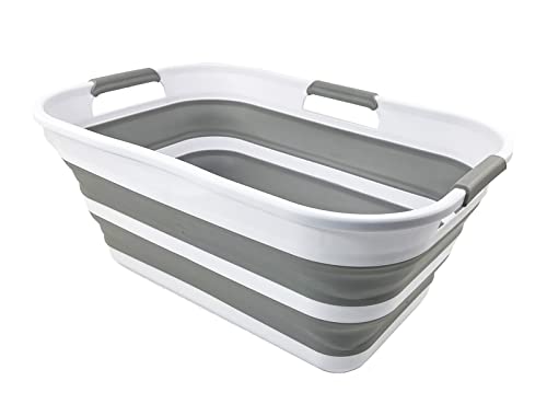 SAMMART 21L Collapsible Plastic Storge Basket - Foldable Pop Up Storage Container/Organizer - Portable Washing Tub - Space Saving Hamper/Basket (White/Grey)