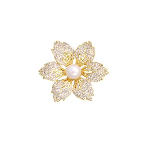 Image of Crystal Pearl Flower Brooch Bauhinia Rhinestone Lapel Pin Vintage Elegant Floral Pearl Badge Pin Clothing Accessory Jewelry Gift