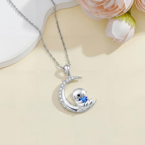 Image of PROESS Animal Birthstone Necklace 925 Sterling Silver Otter /Axolotl /Hippo /Elephant /Dachshund /Monkey /Red Panda Pendant Necklace Animal Birthstone Jewelry Gifts for Women