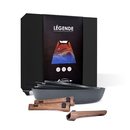 Durandal – Coffret 3 poêles antiadhésives Légende à manches amovibles 20,24,28cm -Batterie de cuisine compatible four, induction