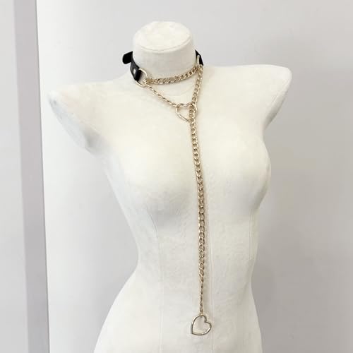 EverGlimp Black Leather Choker Collar For Women, Handmade Golden Heart Slip Chain Choker Long Necklace with Adjustable Buckle by EverGlimp - Used condition - US$6.98
