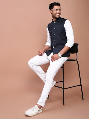 Image of SHOWOFFFF Men Woven Design Ethnic Nehru Jacket | Mandarin Collar Sleeveless Cotton NehruJacket for Mens | Slim Fit Regular Length NehruJackets for Men's