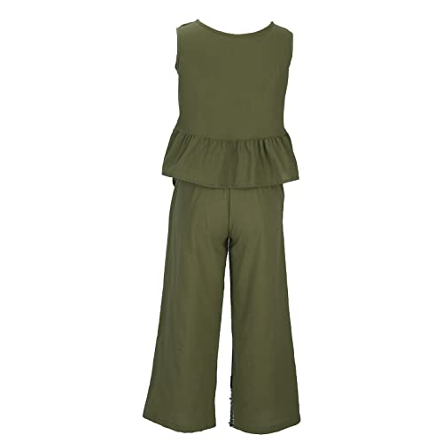 Women's Summer Suit Fashion Comfort Casual 2 Piece Outfits Crewneck Ruffle Hem Tops And Loose Wide Leg Pants Home Sets Green #TOP7