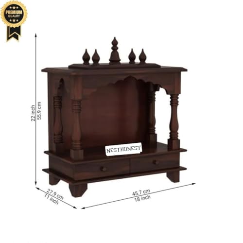 Image of Wall Mounted Solid Sheesham Wood Puja Mandir for Home Solid Wooden Temple for Puja Room with 2 Drawer Storage Pooja Ghar Wooden Furniture for Pooja Room Sheesham Wood, Walnut Finish (2 Drawers)