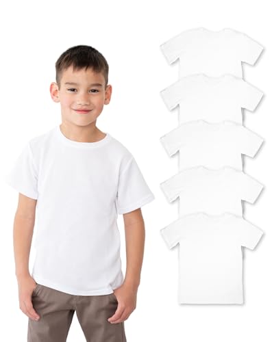 Pierre Calvini Kids White T-Shirts - 100% Cotton Boys & Girls Plain T Shirt - For School PE and Everyday - Soft and Comfortable Cotton Tees for Children - 5 Pk - White - Ages 11-12