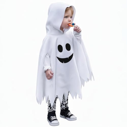 Traje fantasma menino menina bebé, disfarce Halloween menino fantasma, idade recomendada: 6-24 meses, 2 3 4 5 anos, com capuz e sopas (branco, 6-9 meses)