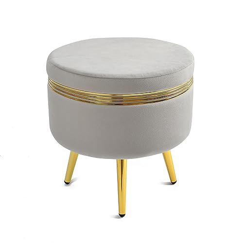 Image of NACIA Ottoman Pouffe Stool for Living Room Sitting | Round Footstool /Foot Rest with 4 Wooden & Golden Metal Legs for Dressing Table, Home Decor, Balcony, Bedroom (16x16x17 inch, Grey)