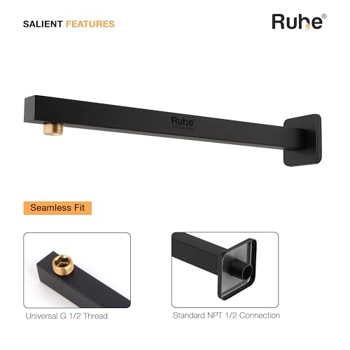 Image of Ruhe Square Shower Arm with Wall Flange | Black Matte | 304-Grade Stainless Steel Shower Arm for Overhead Showers | Bathroom Overhead Shower Arm