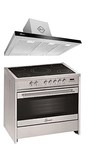 GURARI Herdset Elektro-Standherd GCH E 912 X + GCH F 462 IS 9 PRIME, Backofen Set 90 cm, Schwarz, Range Coocker, 121 L + Dunstabzugshaube, Deckenhaube 120 cm 1000m3/h, Schwarz Glas, Edelstahl