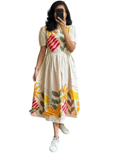 Image of Floral Print Cotton Midi Dress, Short Sleeve, White with Yellow and Red Flowers, A-Line Fit