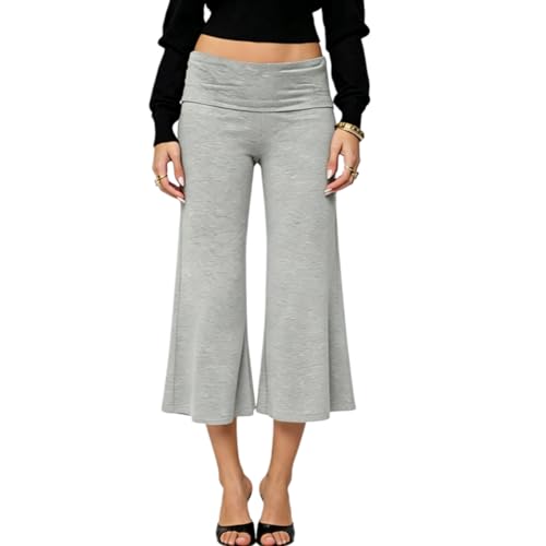 Yuemengxuan Fold Over Wide Leg Capri Pants for Women Low Rise Cropped Gaucho Pants Casual Lounge Pajamas Pants Pj Bottoms (Gray S)