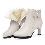 Lossarye Women’s Pointed Toe High Heel Ankle Boots Side Zip Comfortable Fur Lined Autumn Winter Kitten Heel Dress Booties (White Plush,6)