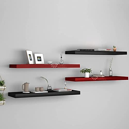 Image of Wooden Floating Wall Shelf| Wall Mount| Wall Rack| Wall Bracket for Home and Office Decor | Big Mounted Cabinets (Large, Set of 4 Black and Red)