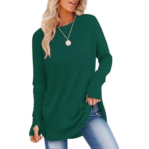 VVK Ladies Tops And Blouses Long Sleeve Shirts with Thumb Holes Crew Neck Loose T-Shirts Fall Outfits (Army Green L) Cover