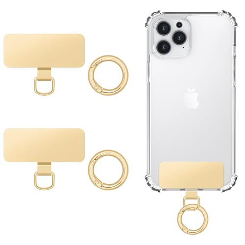 MoKo 2pcs Phone Tether Tab, Stainless Steel Phone Lanyard Pads Cellphone Replacement Part with 2pcs Spring Rings, Cellphone Strap Connector Tether Tabs for Most Full Coverage iPhone Cases, Gold