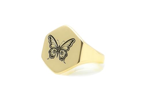 Bague chevalière papillon or 14k : bague hexagonale gravée pour femme