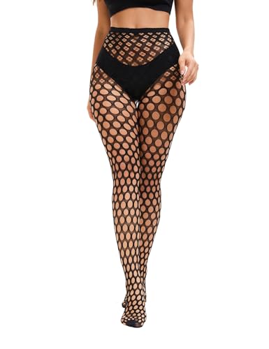 FasDivine Women's Fishnet Tights High Waist Round Hole Stockings Black