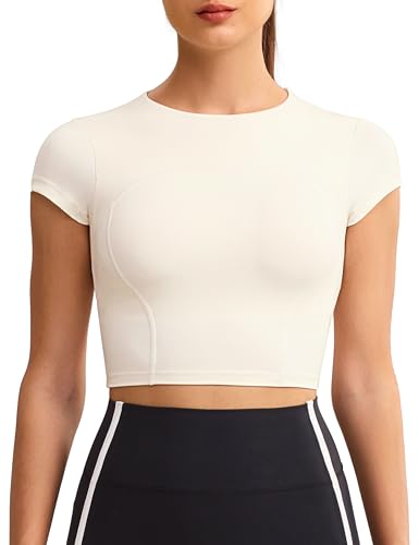 Image of ENERBLOOM Workout Crop Tops for Women Yoga Short Sleeve Removable Bra | Slim Fit, Mild Support, Crop T-Shirt, Mock Neck, Soft Comfort, High-Stretch, for Yoga,Gym & Daily Wear