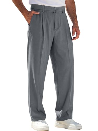 Runcati Mens Casual Dress Pants Elastic Waist Pleated Baggy Wide Leg Slacks Lightweight Old Money Trousers Grey
